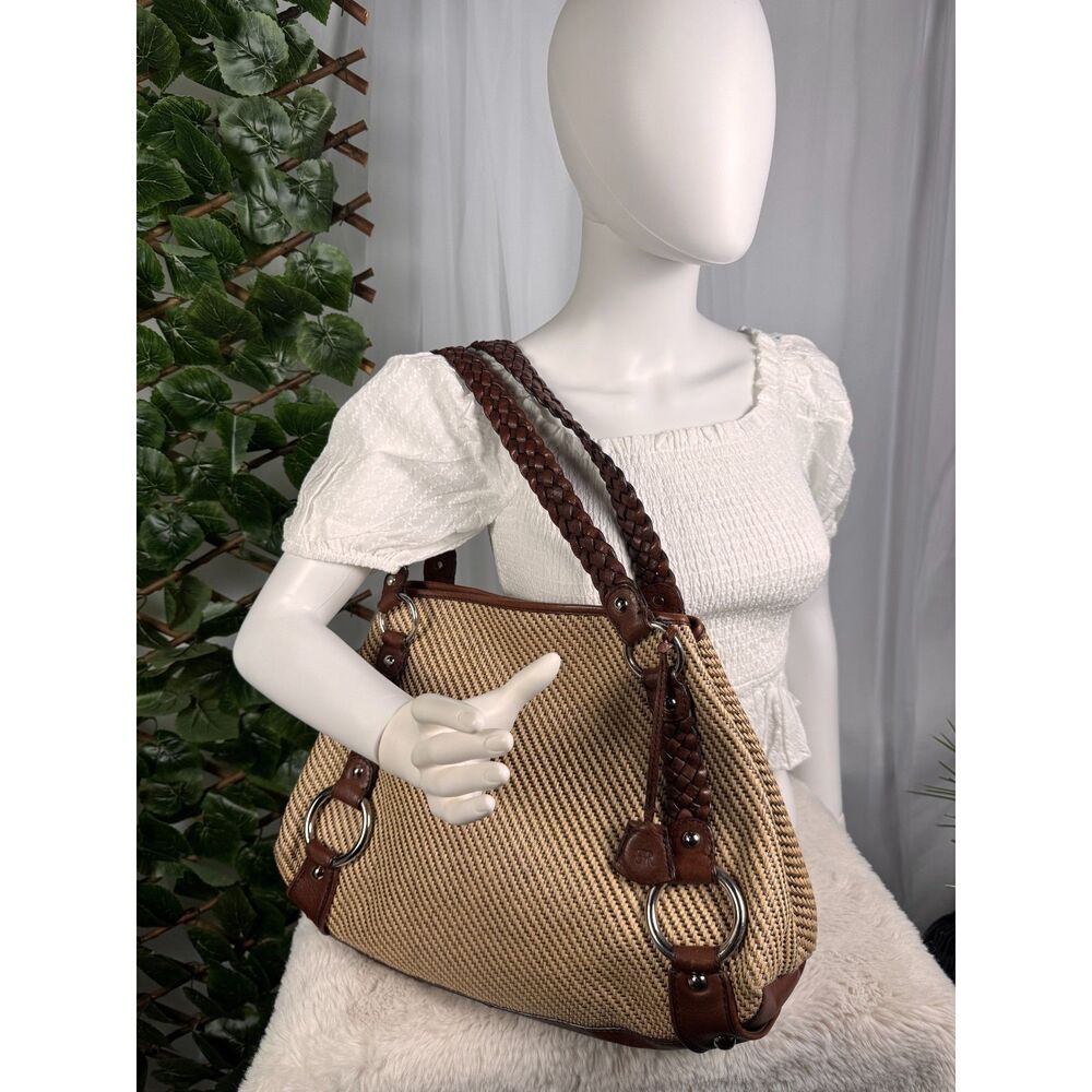 EUC Banana Republic Tan & Brown Woven Shoulder Bag Leather Trim Silver hardware - Picture 2 of 13